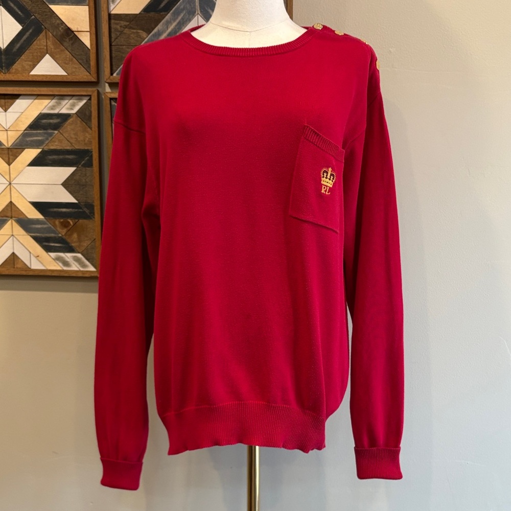 Vintage Ralph Lauren Blue Label Button Shoulder Crewneck Logo Sweater Red Medium